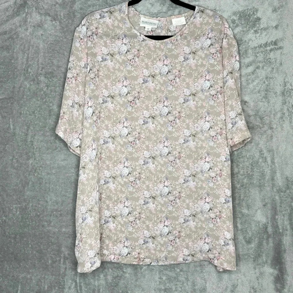 Elisabeth 18 1X Shirt Top Brown Floral Short Sleeve Scoop Neck Sheer Casual - Picture 1 of 8